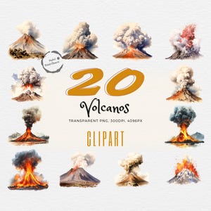 May include: A collection of 20 volcano clipart images. Each volcano illustration depicts an erupting volcano with smoke and lava in various colors. The text "20 Volcanoes Clipart" is displayed in the image.