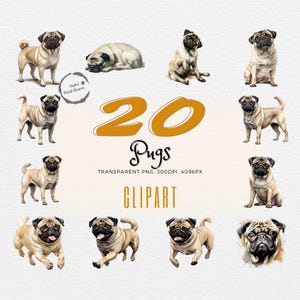Mopsenparade: 20 realistische aquarel cliparts | Schattige mopshondillustraties | Digitale download | Hondenkunst | Collectie huisdierportretten