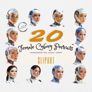 Exclusive 20 Futuristic Female Cyborg Head Portraits Clipart Bundle | Must-Have Sci-Fi Art | Perfect Gift for Designers | Commercial Use