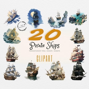 20 imágenes prediseñadas de barco pirata / ¡La flota que tus embarcaciones merecen! / Galeón náutico PNG / Regalo de aventura y fiesta en alta mar / Uso comercial