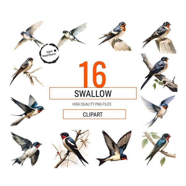 Swallow Watercolor Clipart Bundle | Realistic Bird Prints | 16 Artistic Creations | Ideal for Crafts, Apparel, Decor & More!