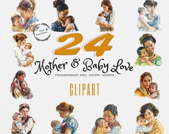 Paquete de imágenes prediseñadas de madre y bebé amorosos / 24 ilustraciones maternas realistas / Para proyectos familiares, educación para la salud y manualidades para el Día de la Madre
