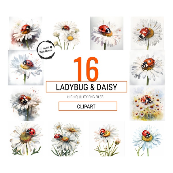 Watercolor Ladybug & Daisy Clipart Set | 16 Beautiful Digital Prints | Nature-Inspired Art | Invitations, Wall Art Crafts | Ladybird prints