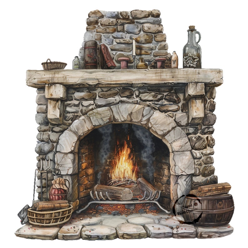 Ornate Stone Hearth Clipart Bundle 16 Realistic Fireplace Illustrations ...