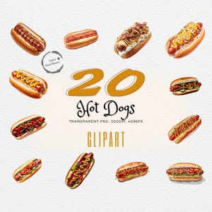 Paquete de imágenes prediseñadas de perritos calientes chisporroteantes / 20 ilustraciones realistas de comida rápida / Diseños de menús, invitaciones para fiestas y blogs de comida perfectos / Uso comercial