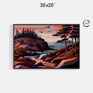 Acadia Nationalpark Landschaft | Moderner Impressionismus-Stil | Digitaldruck von Ölgemälde | Lebendige Natur Wandkunst | 225