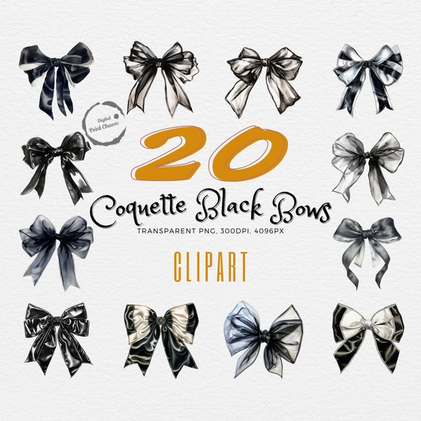 20 Realistic Coquette Bow Illustrations | Chic Black Bow Clipart Bundle | Perfect for Fashion Design, Elegant Decor, Crafts | Transparent BG