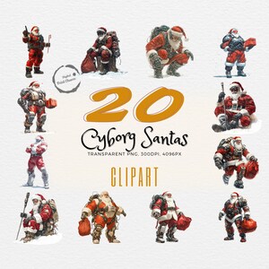 20 Clipart futuristiche di Babbo Natale cyborg / Illustrazioni di fantascienza imperdibili per le feste / Regalo perfetto per i creativi di Natale / Uso commerciale