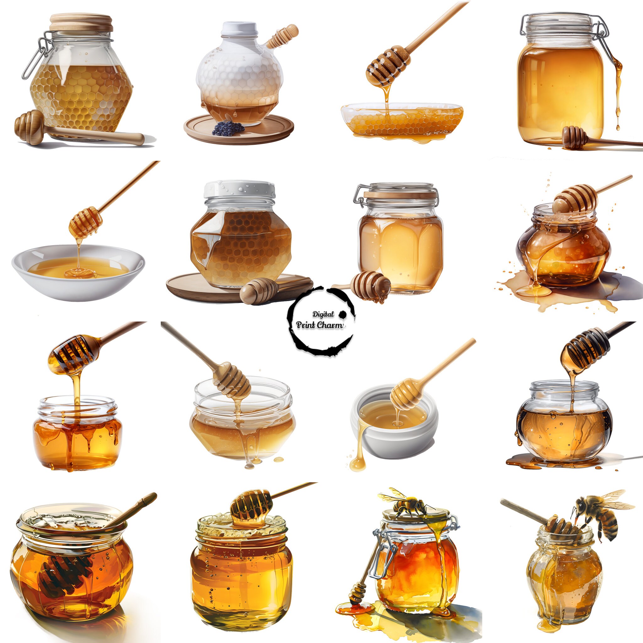 Creative Co-op Hand-Painted Honey Jar with Honey Dipper