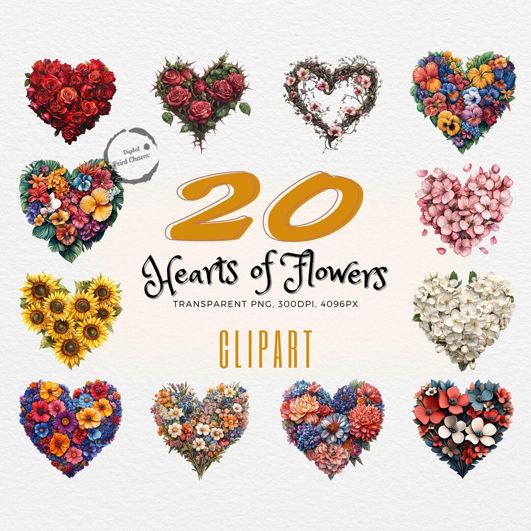 Flower Heart Clipart | 20 Floral Valentine's Day Hearts | Romantic Gift ...