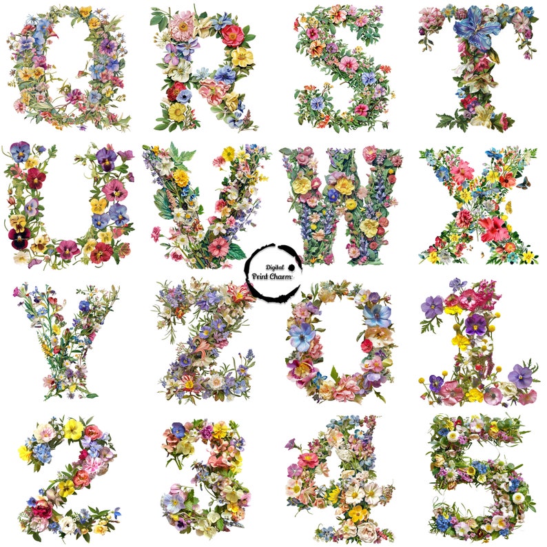 Floral Alphabet & Numbers Clipart Bundle | Spring Flowers Themed ...