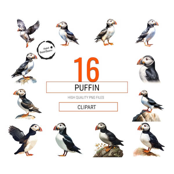 Puffin Watercolor Art | 16 Realistic Digital Clipart Prints | Perfect for Crafts, Journaling & Apparel | Transparent PNG files