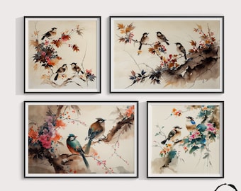 4 Chinese Style Watercolor Prints | Birds Perched on Flowering Twigs | Serene Traditional Art for Home & Office Decor