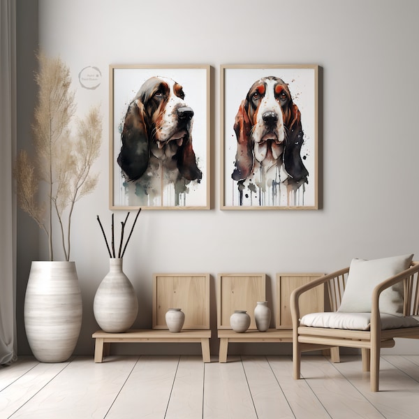 Two Watercolor Basset Hound Portraits | Realistic Dog Art | Digital Prints for Home Decor | Set of Two Digital Art Prints | Vet Decorations