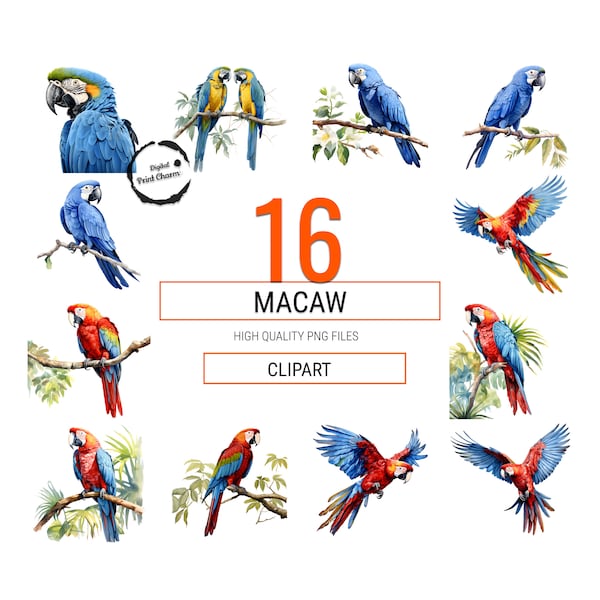 Vibrant Macaw Collection | 16 Digital Watercolor Prints | Realistic Parrots | Tropical Birds | Instant Download | Exotic Wildlife Enthusiast