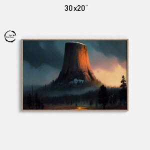 Impresión de pintura al óleo de la Torre del Diablo / Arte paisajístico dramático en un estilo luminoso y atmosférico / Decoración de pared majestuosa de Wyoming / 182