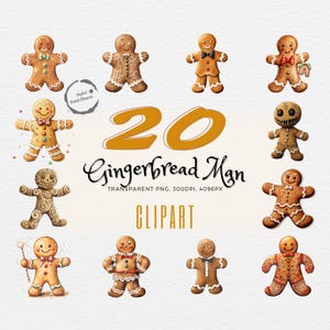 Watercolor Gingerbread Men Clipart | 20 Deliciously Designed Prints | Ideal for Crafts, Apparel, Festive Projects | Add a Sweet Touch!
