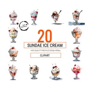 Sundae Ice Cream Watercolor Clipart Bundle | 20 Whimsical Dessert Digital Prints | Crystal Glass Art for Party Decor, Invitations
