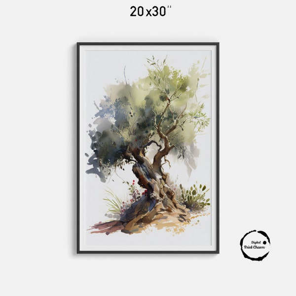 Watercolor Olive Tree Print | Digital Download | Wall Art | Home Decor | Nature Painting | Green and Brown | Big Old Olive Tree Print