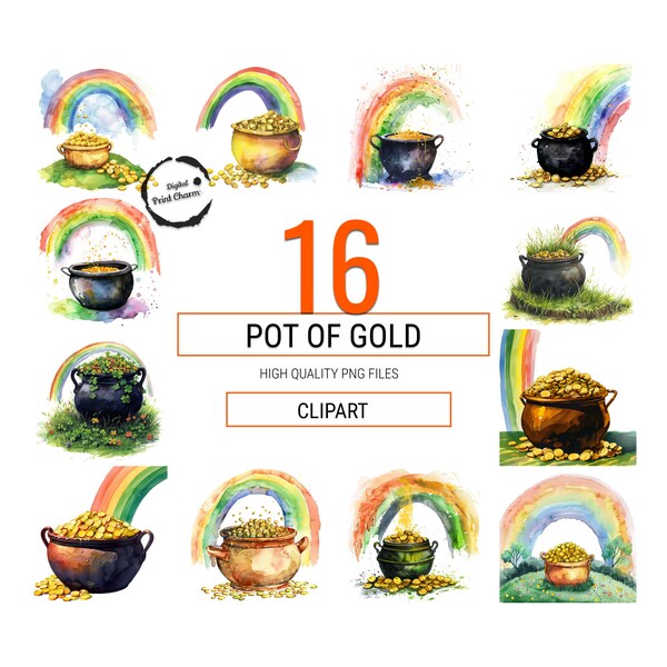 Lot de cliparts Le trésor du lutin | 16 illustrations réalistes de pots d'or et d'arc-en-ciel | Pour la Saint-Patrick, travaux manuels et décoration sur le thème