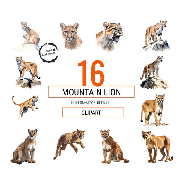 Realistic Mountain Lion Watercolor Clipart Bundle | 16 Majestic Puma Digital Prints | Wildlife Art for DIY Projects | Nature Lovers