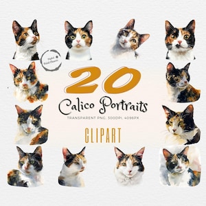 Aquarelle de charmant chat calicot clipart | 20 portraits de félins réalistes | Idéal pour les projets artistiques et les travaux manuels des amoureux des chats | Fichiers PNG transparents