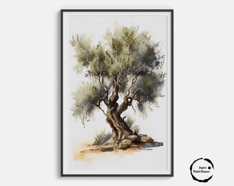 Impresión de olivo viejo de acuarela / Descarga digital / Arte de árbol rústico / Paisaje de campo / Decoración de pared de granja / Pintura imprimible