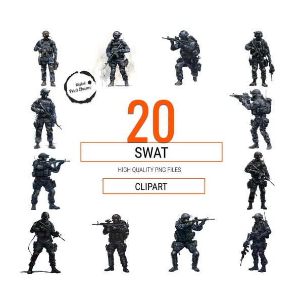 Elite SWAT Team Clipart Bundle | 20 Realistic Tactical Police Illustrations | Security-Themed Projects, Educational Content | Commercial Use