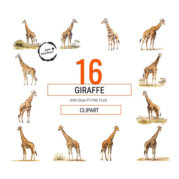 Giraffe Watercolor Clipart Bundle | 16 Realistic Prints | Crafting, Scrapbooking, Journaling | Perfect for Mugs, Apparel, Wall Art, Planners