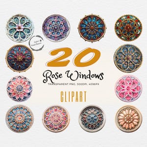 May include: 20 colourful stained glass rose window clip art images. Each image is a circular design with intricate details and a variety of colours, including red, blue, pink, and gold.