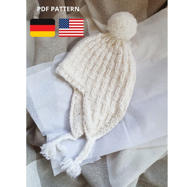 Earflap knit hat PDF PATTERN, One size beanie digital pattern, Bulky winter hat with pompom, Easy to knit white adult pompom cap, knit toque