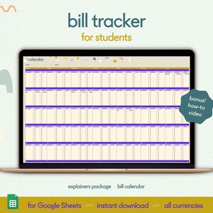Rastreador de pagamento de contas do Planilhas Google para estudantes: calendário mensal, rastreador de despesas