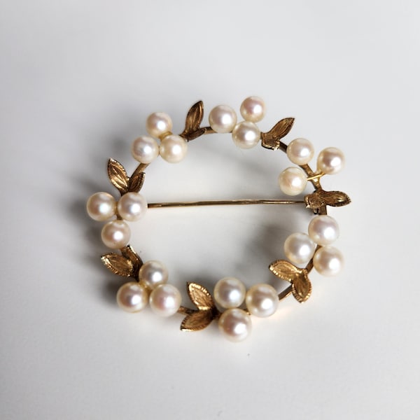 Vintage 585er Gold Perle Brosche: Botanische Oliven Anstecknadel