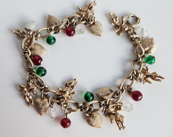Vintage Charm Bracelet: Gold Hearts, Cherubs, Glass Beads