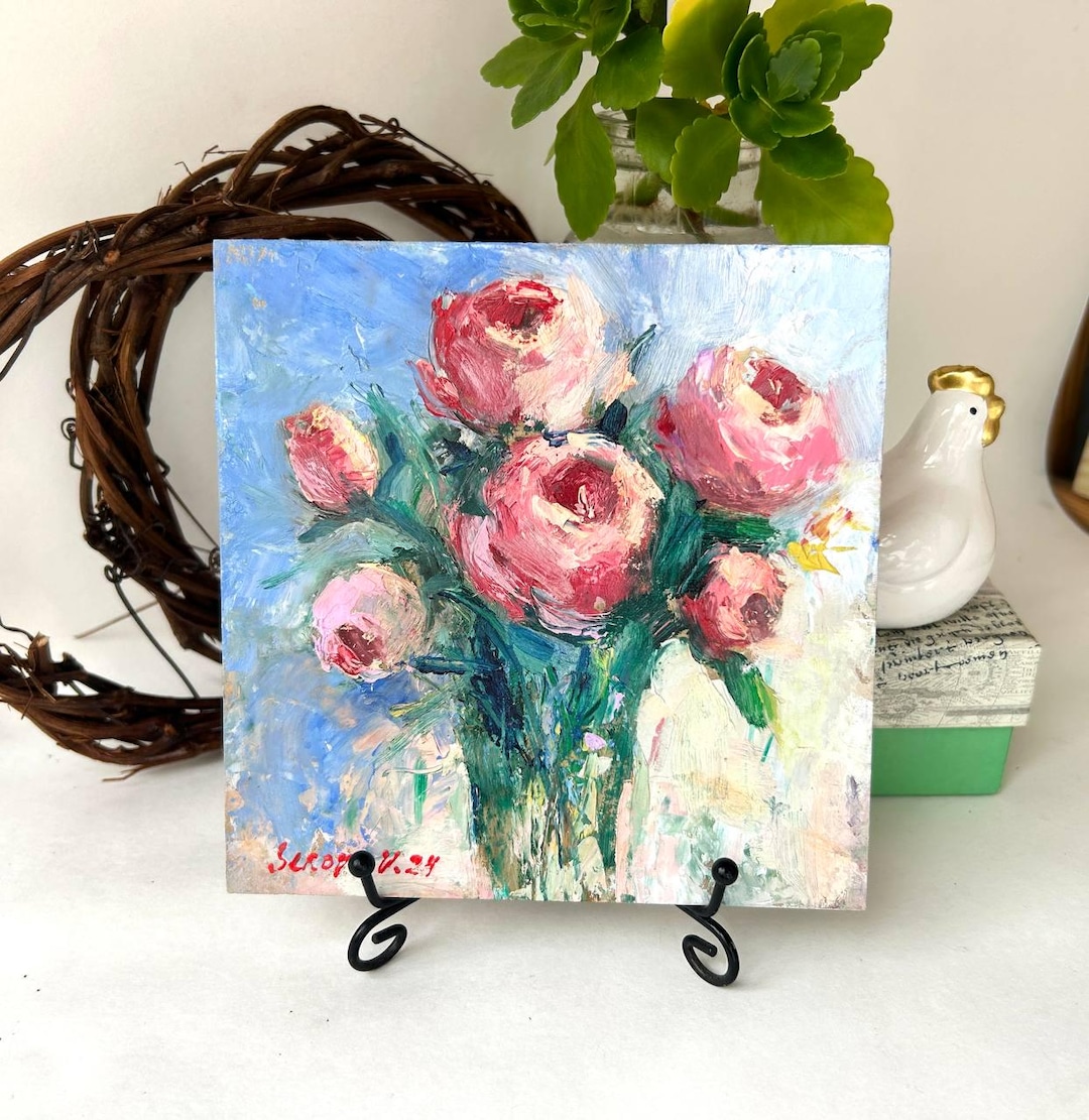 Original Peony Oil Painting 6x6 Small Floral Wall Art by Valeriya S ...