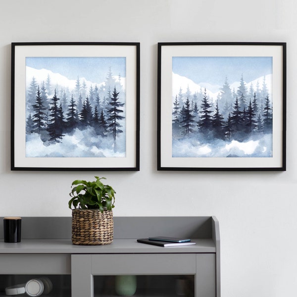 Spruce Forest Set of 2 Prints Smoky Landscape Watercolor Painting Abstract Landscape Art Pine Tree Poster Navy Blue Wall Art by ArtPrintLeaf