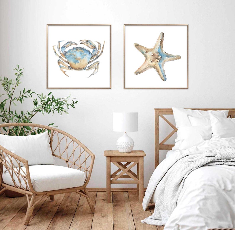 Sea Animal Set of 2 Prints Nautical Watercolor Painting Coastal Wall Art Neutral Beach House Poster Crab Print Starfish Art by ArtPrintLeaf image 6