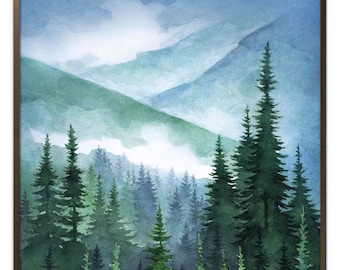 Spruce Forest Art Print Mountain Forest Watercolor Painting Evergreen Pine Trees Poster Foggy Landscape Art Green Wall Decor by ArtPrintLeaf