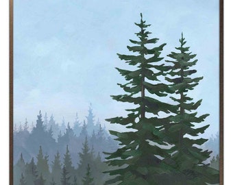 Pine Trees Painting Evergreen Tree Art Print Spruce Oil Painting Nevada Landscape Art Dark Forest Poster Sage Green Wall Art by ArtPrintLeaf