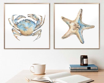 Sea Animal Set of 2 Prints Nautical Watercolor Painting Coastal Wall Art Neutral Beach House Poster Crab Print Starfish Art by ArtPrintLeaf