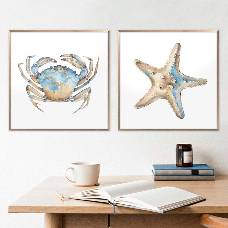 Sea Animal Set of 2 Prints Nautical Watercolor Painting Coastal Wall Art Neutral Beach House Poster Crab Print Starfish Art by ArtPrintLeaf image 1