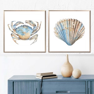 Neutral Beach Wall Art Seaside Set of 2 Prints Coastal Watercolor Painting Shell Art Nautical Poster Crab Art Sea Animal Art by ArtPrintLeaf