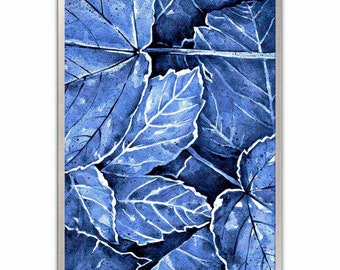 Leaves Art Print Abstract Floral Watercolor Painting Indigo Blue Wall Art Fall Leaf Art Botanical Painting Blue Wall Decor by ArtPrintLeaf