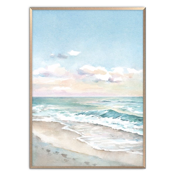 Kustlandschap Art Print strand aquarel schilderij neutrale zeegezicht kunst aan de muur oceaan kustlijn kunst Aqua blauw beige poster van ArtPrintLeaf