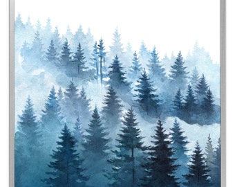 Mountain Forest Art Print Pine Trees Watercolor Painting Christmas Wall Art Spruce Winter Forest Poster Navy Blue Wall Art by ArtPrintLeaf