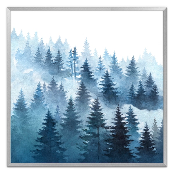 Mountain Forest Art Print Pine Trees Watercolor Painting Christmas Wall Art Spruce Winter Forest Poster Navy Blue Wall Art by ArtPrintLeaf