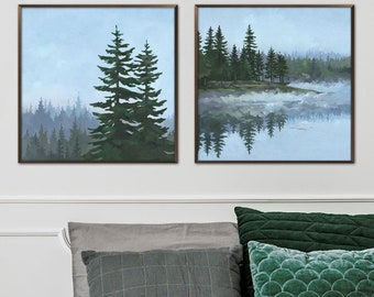 Forest Lake Painting Pine Trees Set of 2 Prints Spruce Forest Oil Painting Evergreen Tree Art Nevada Poster Sage Green Art by ArtPrintLeaf