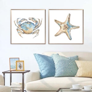 Sea Animal Set of 2 Prints Nautical Watercolor Painting Coastal Wall Art Neutral Beach House Poster Crab Print Starfish Art by ArtPrintLeaf image 2