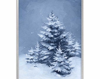 Christmas Art Print Winter Landscape Oil Painting Pine Tree Wall Art Spruce Poster Evergreen Tree Art Christmas Wall Decor by ArtPrintLeaf