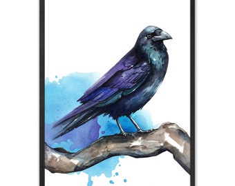 Raven Art Print Bird Watercolor Painting Abstract Bird Wall Art Crow Painting Animal Poster White Blue Art Gothic Wall Decor by ArtPrintLeaf